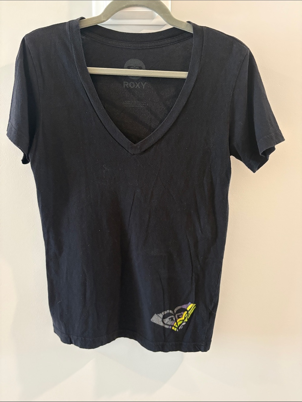 Roxy Black V-Neck Tee with Small Neon Logo